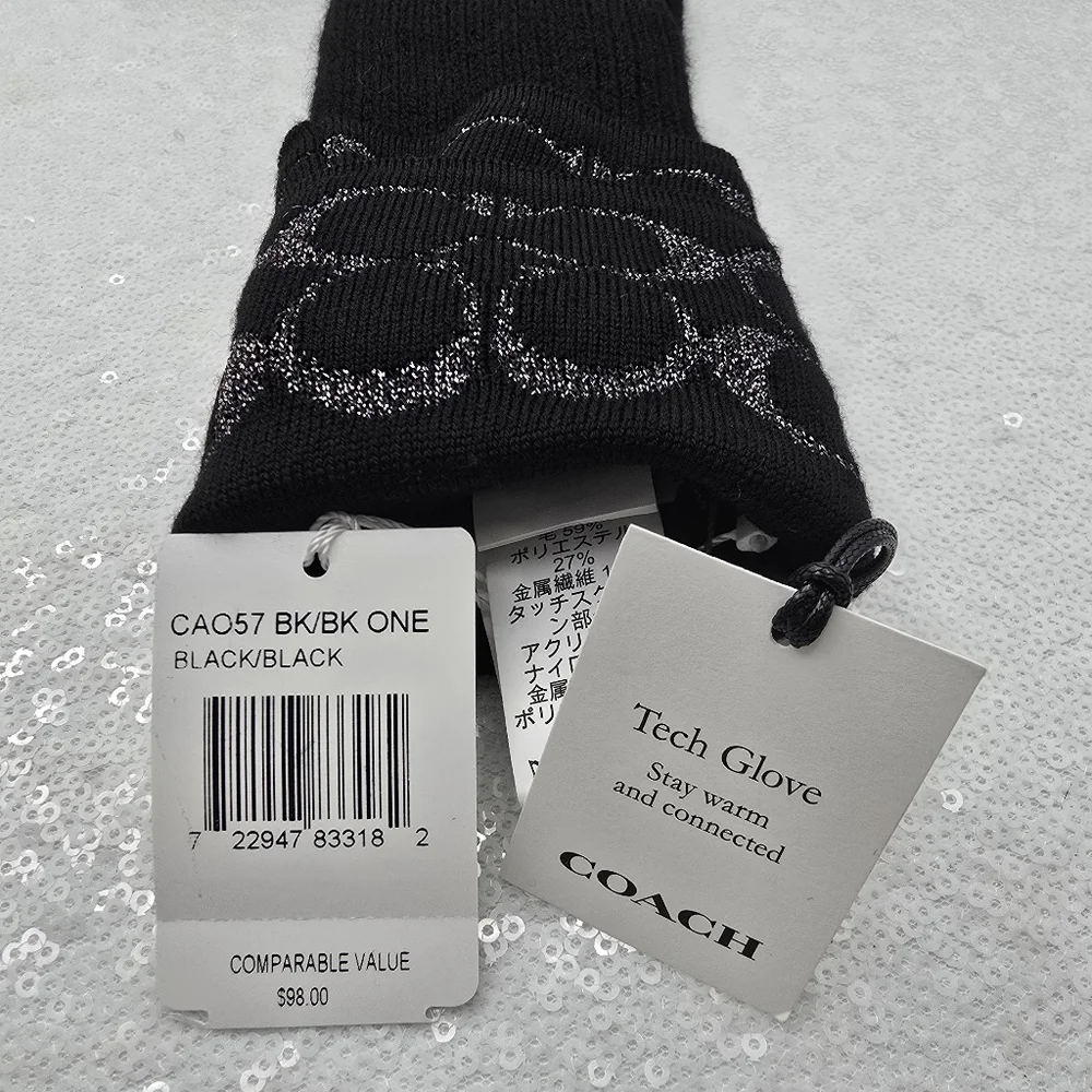 Coach Winter Knit Tech Gloves Black Silver Metallic Merino Warm Wool